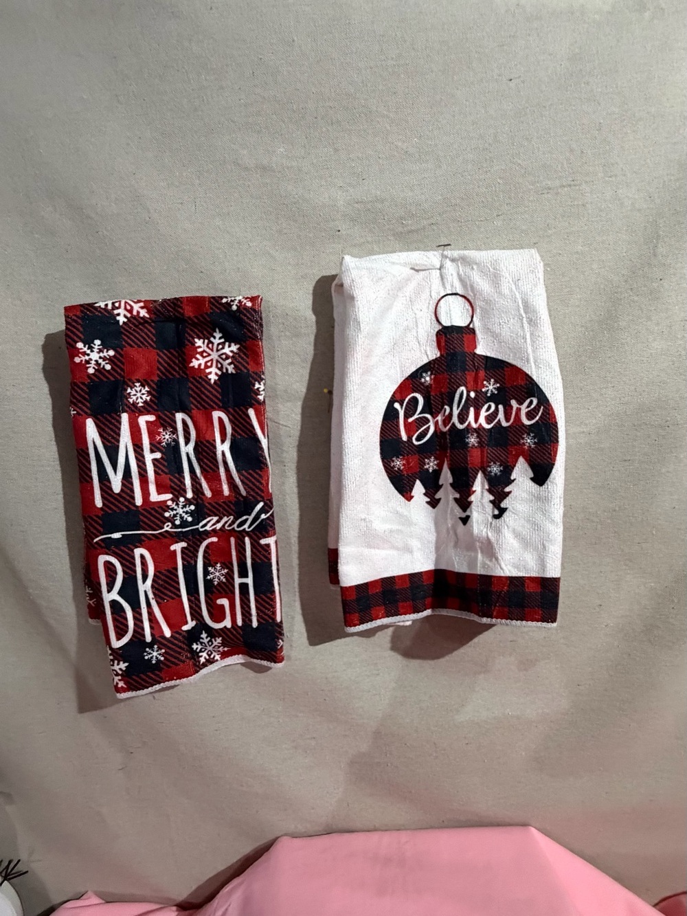 Holiday Plaid 'Merry and Bright' & 'Believe' Kitchen Towel Set - Red Plaid